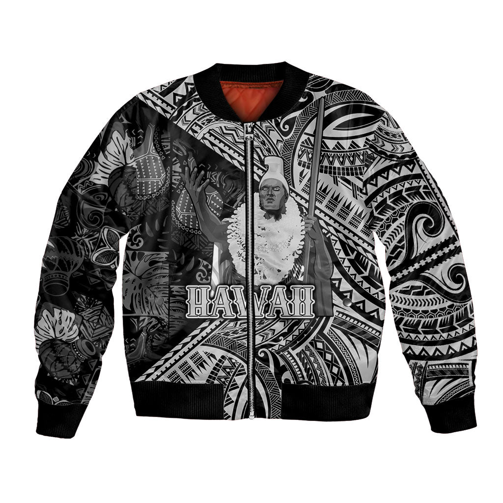 Hawaii King Kamehameha Bomber Jacket With Hawaiian Ipu Motifs Black Version LT05 Unisex Black - Polynesian Pride