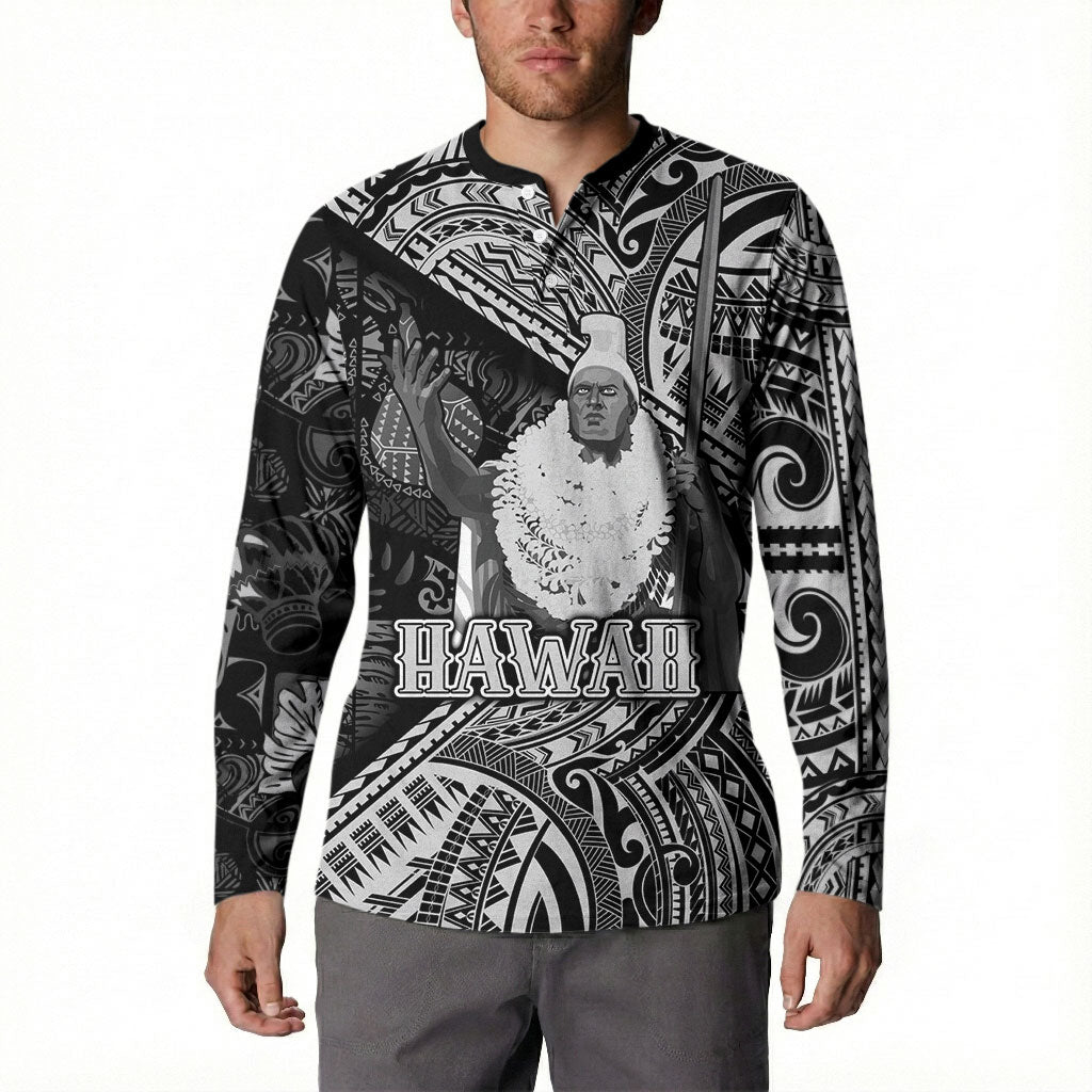 Hawaii King Kamehameha Button Sweatshirt With Hawaiian Ipu Motifs Black Version LT05 - Polynesian Pride