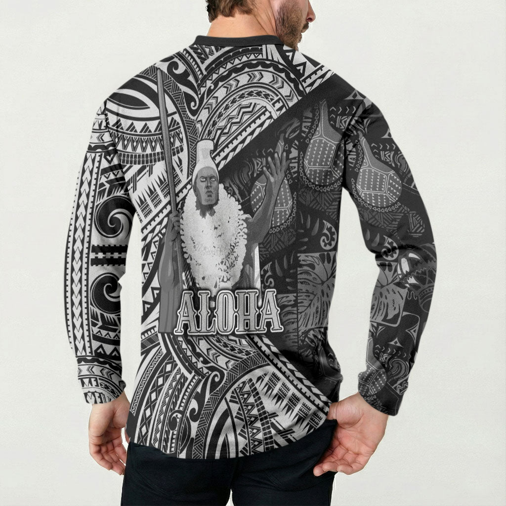 Hawaii King Kamehameha Button Sweatshirt With Hawaiian Ipu Motifs Black Version LT05 - Polynesian Pride