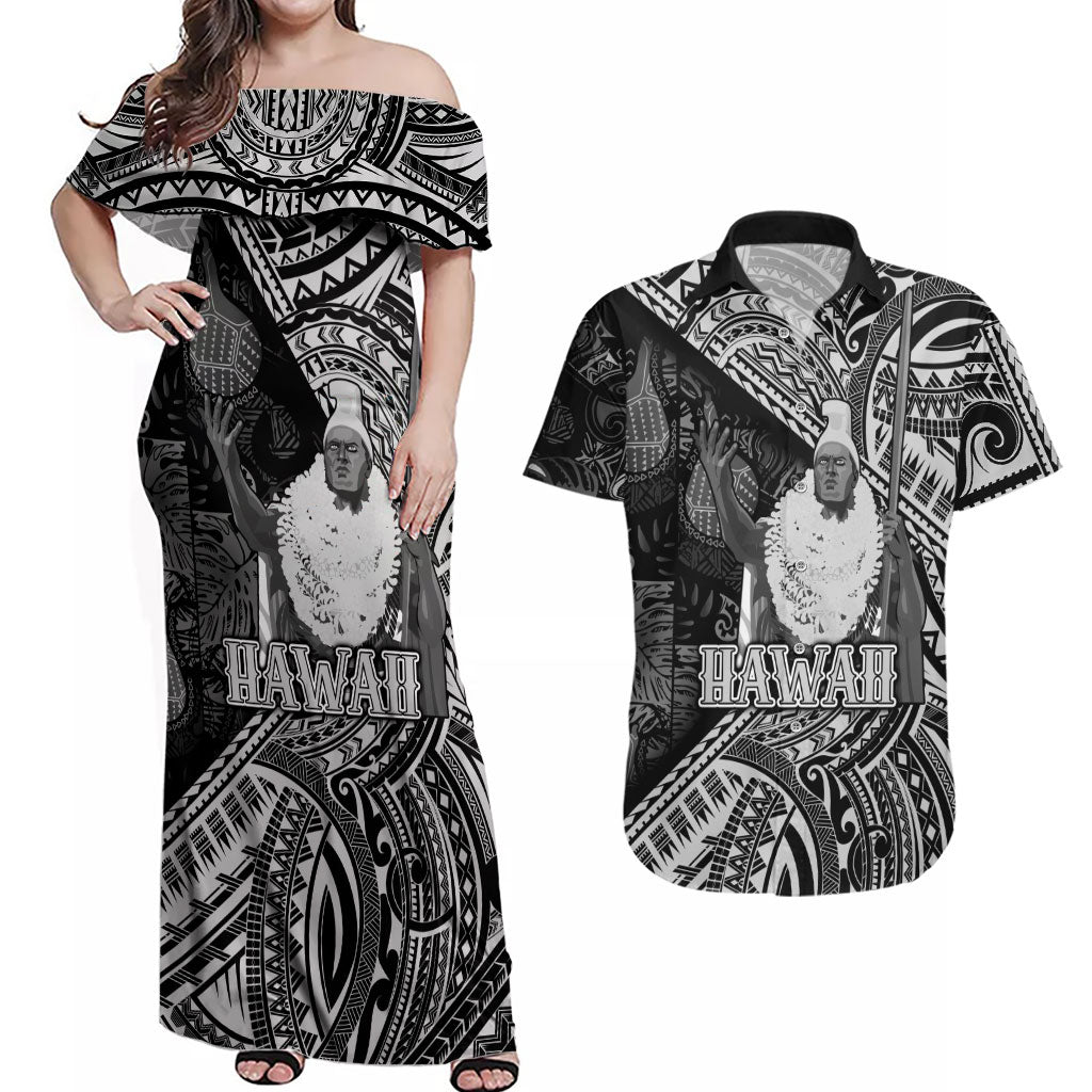 Hawaii King Kamehameha Couples Matching Off Shoulder Maxi Dress and Hawaiian Shirt With Hawaiian Ipu Motifs Black Version LT05 Black - Polynesian Pride