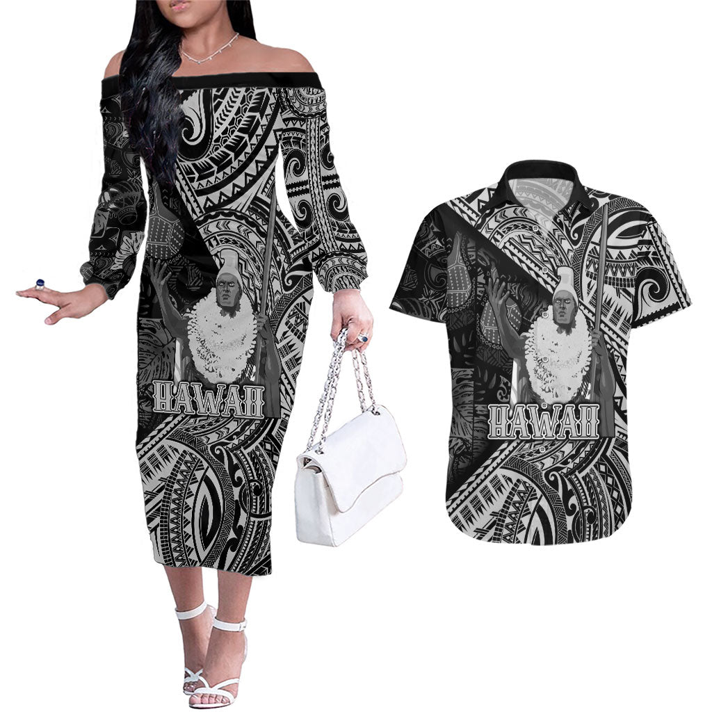 Hawaii King Kamehameha Couples Matching Off The Shoulder Long Sleeve Dress and Hawaiian Shirt With Hawaiian Ipu Motifs Black Version LT05 Black - Polynesian Pride