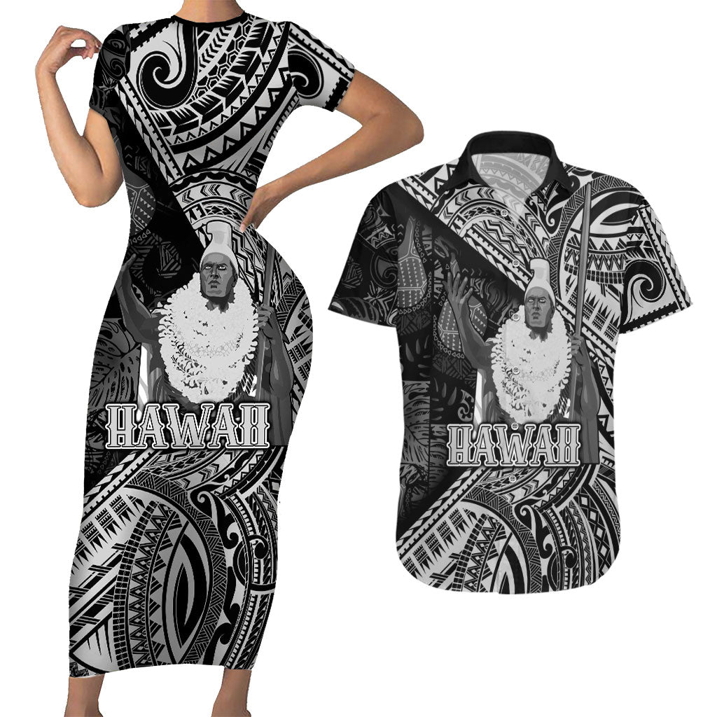 Hawaii King Kamehameha Couples Matching Short Sleeve Bodycon Dress and Hawaiian Shirt With Hawaiian Ipu Motifs Black Version