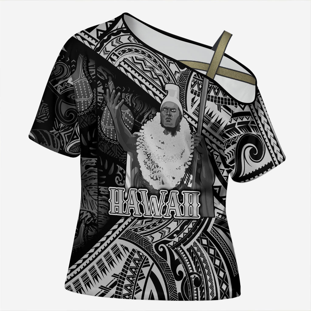 Hawaii King Kamehameha Cross Shoulder Shirt With Hawaiian Ipu Motifs Black Version LT05 Female Black - Polynesian Pride