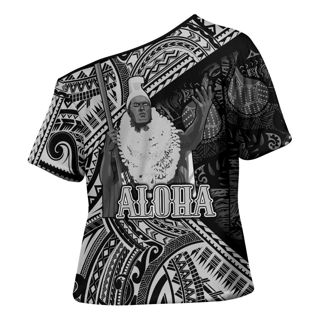 Hawaii King Kamehameha Cross Shoulder Shirt With Hawaiian Ipu Motifs Black Version LT05 - Polynesian Pride
