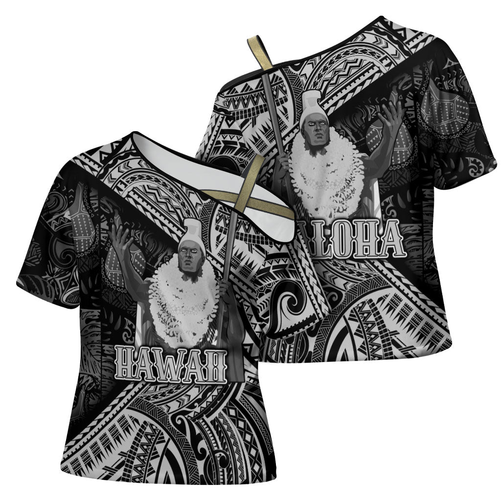 Hawaii King Kamehameha Cross Shoulder Shirt With Hawaiian Ipu Motifs Black Version LT05 - Polynesian Pride