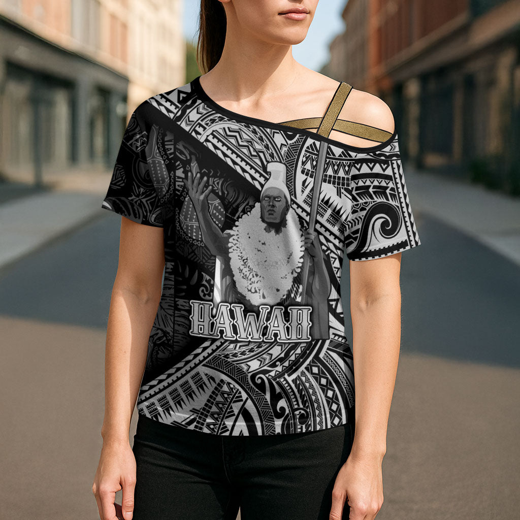Hawaii King Kamehameha Cross Shoulder Shirt With Hawaiian Ipu Motifs Black Version LT05 - Polynesian Pride