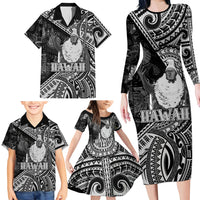 Hawaii King Kamehameha Family Matching Long Sleeve Bodycon Dress and Hawaiian Shirt With Hawaiian Ipu Motifs Black Version