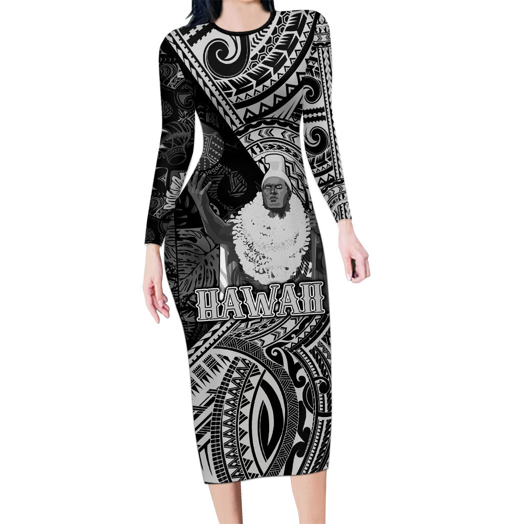 Hawaii King Kamehameha Family Matching Long Sleeve Bodycon Dress and Hawaiian Shirt With Hawaiian Ipu Motifs Black Version