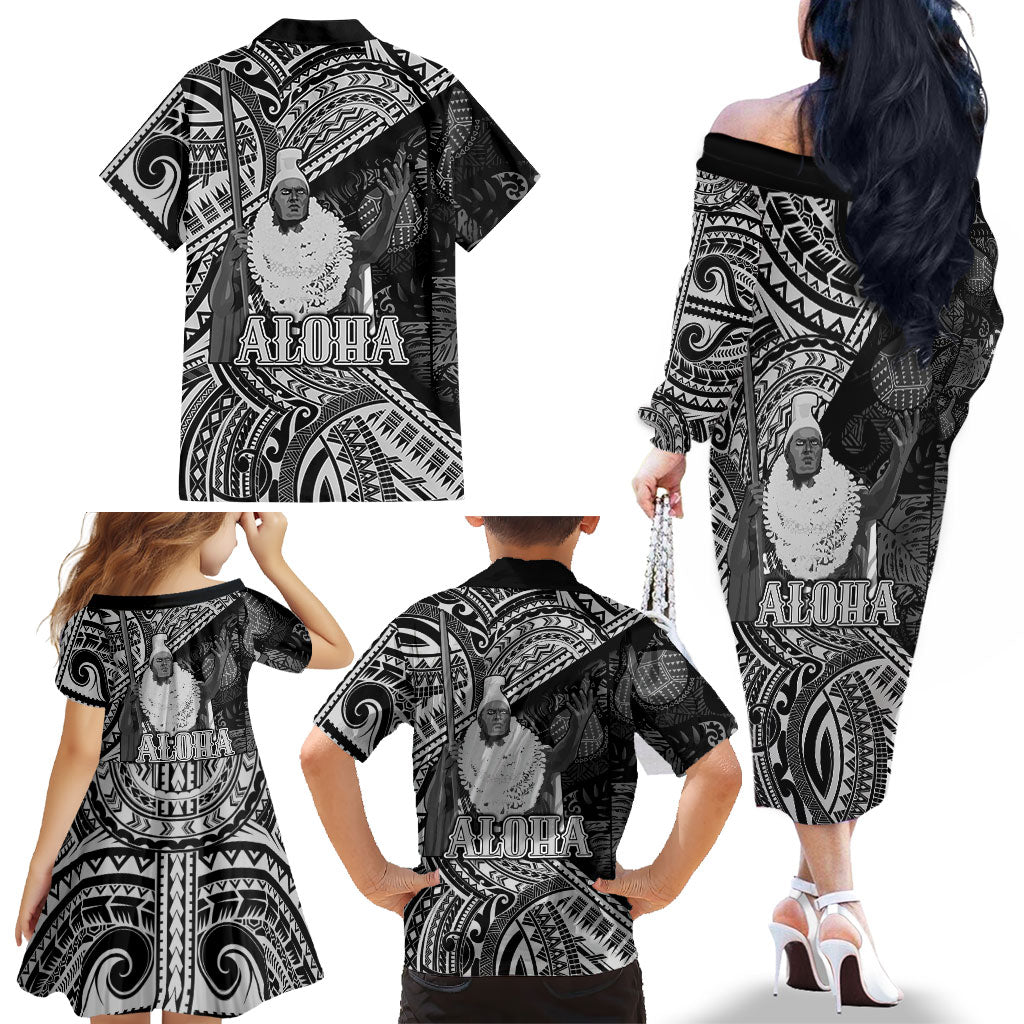Hawaii King Kamehameha Family Matching Off The Shoulder Long Sleeve Dress and Hawaiian Shirt With Hawaiian Ipu Motifs Black Version