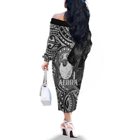Hawaii King Kamehameha Family Matching Off The Shoulder Long Sleeve Dress and Hawaiian Shirt With Hawaiian Ipu Motifs Black Version