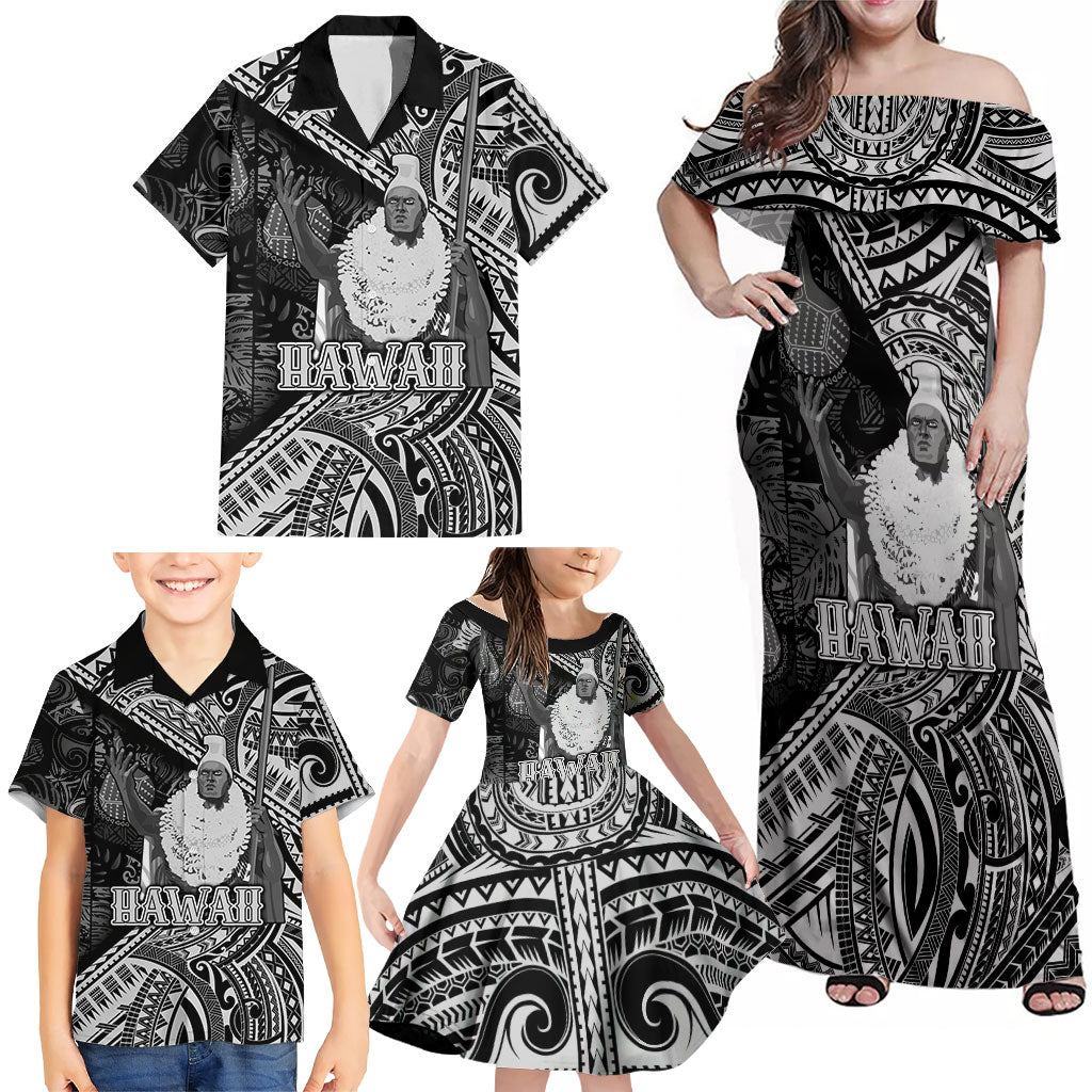 Hawaii King Kamehameha Family Matching Off Shoulder Maxi Dress and Hawaiian Shirt With Hawaiian Ipu Motifs Black Version