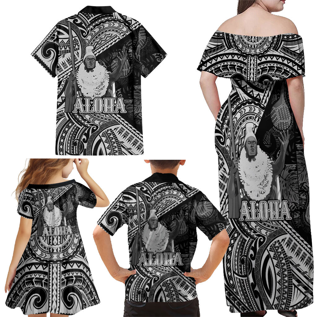 Hawaii King Kamehameha Family Matching Off Shoulder Maxi Dress and Hawaiian Shirt With Hawaiian Ipu Motifs Black Version