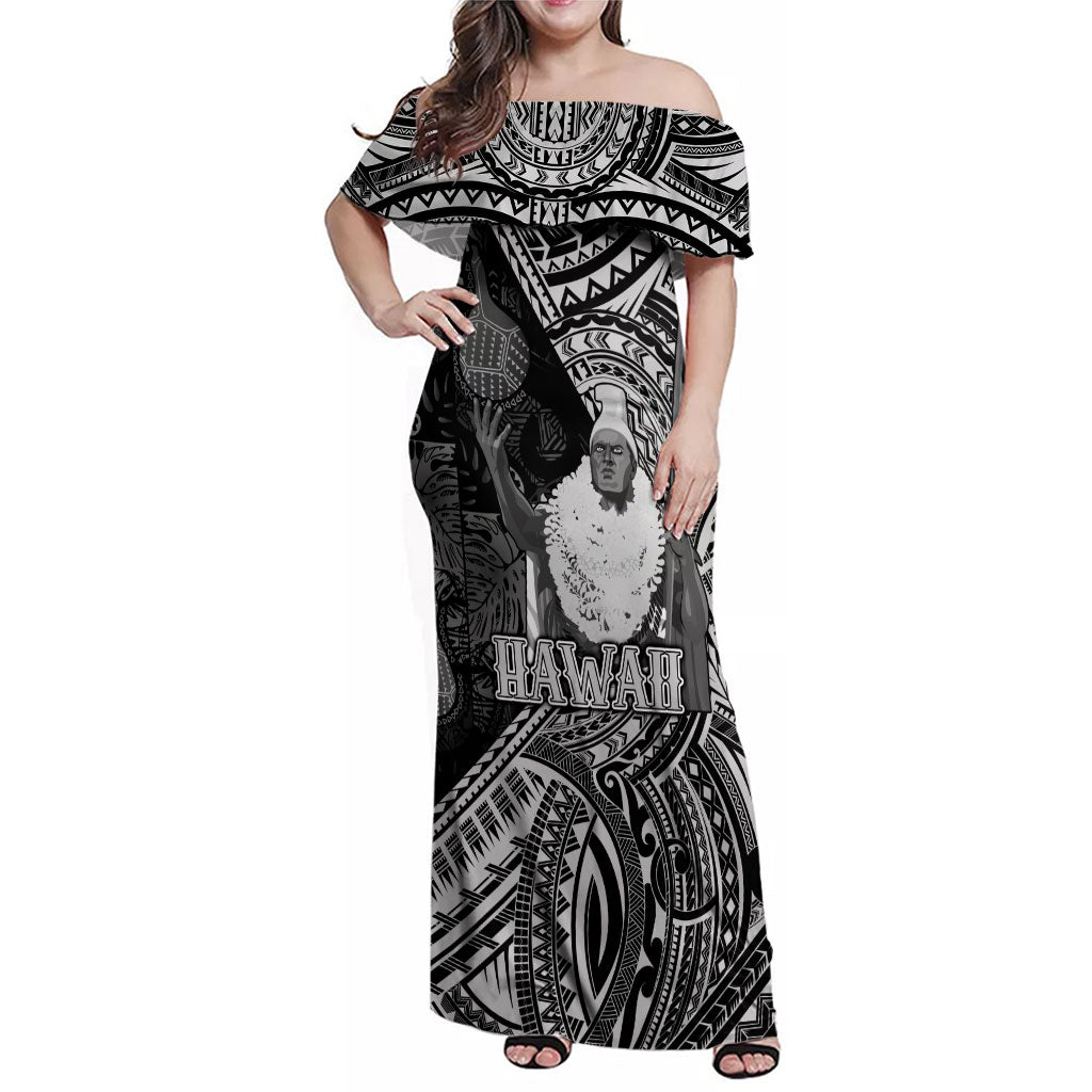 Hawaii King Kamehameha Family Matching Off Shoulder Maxi Dress and Hawaiian Shirt With Hawaiian Ipu Motifs Black Version