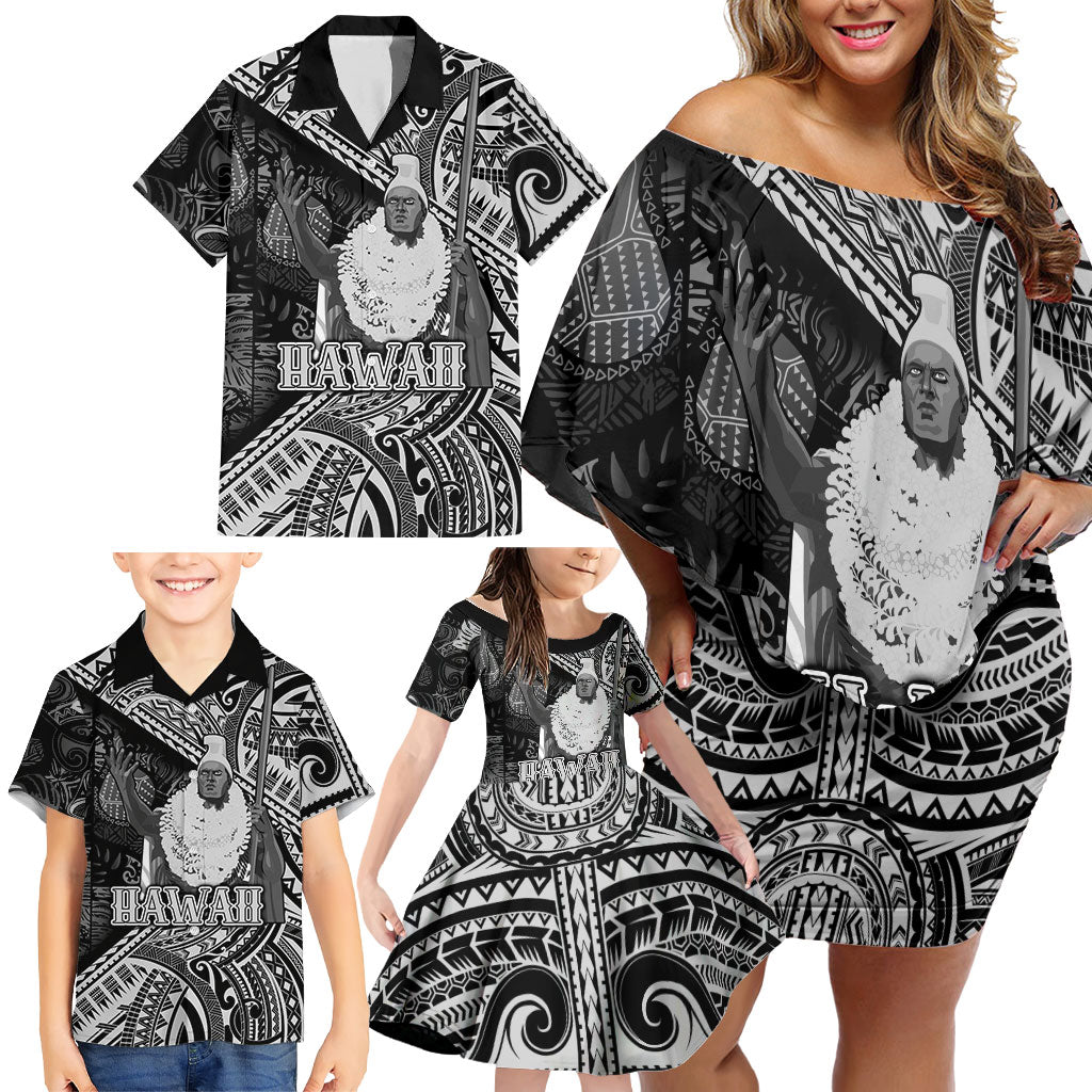 Hawaii King Kamehameha Family Matching Off Shoulder Short Dress and Hawaiian Shirt With Hawaiian Ipu Motifs Black Version LT05 - Polynesian Pride