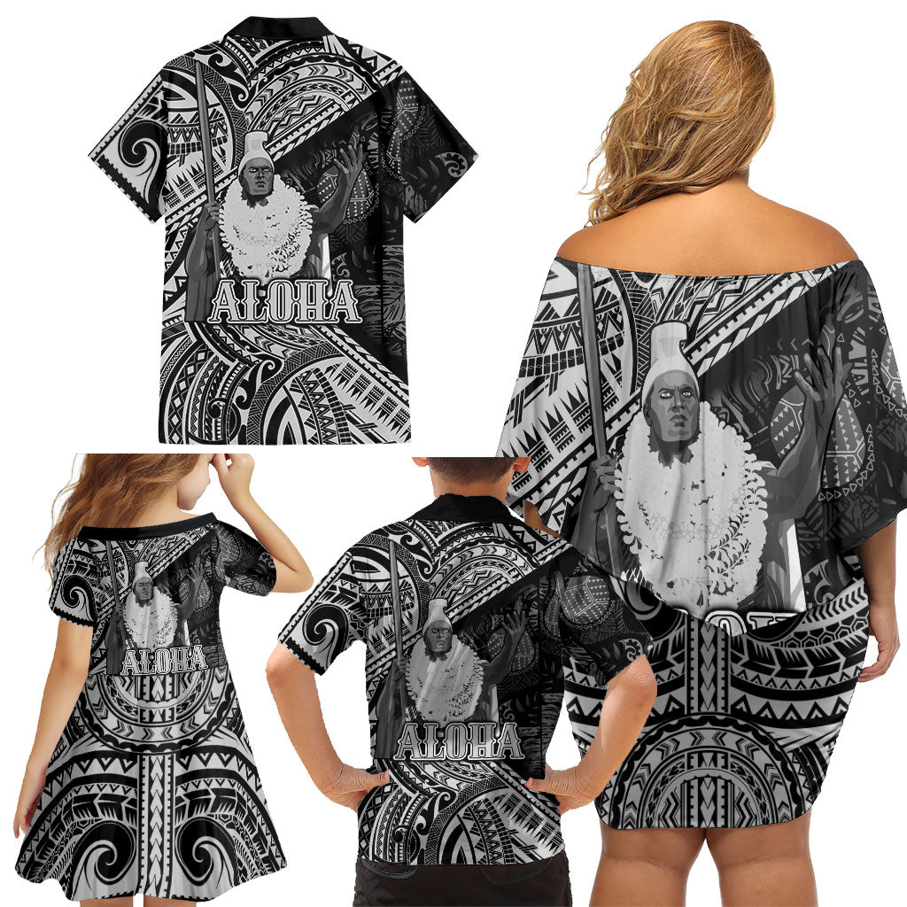 Hawaii King Kamehameha Family Matching Off Shoulder Short Dress and Hawaiian Shirt With Hawaiian Ipu Motifs Black Version