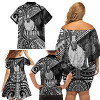Hawaii King Kamehameha Family Matching Off Shoulder Short Dress and Hawaiian Shirt With Hawaiian Ipu Motifs Black Version