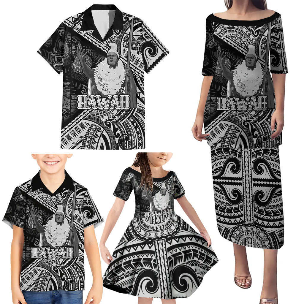 Hawaii King Kamehameha Family Matching Puletasi and Hawaiian Shirt With Hawaiian Ipu Motifs Black Version LT05 - Polynesian Pride