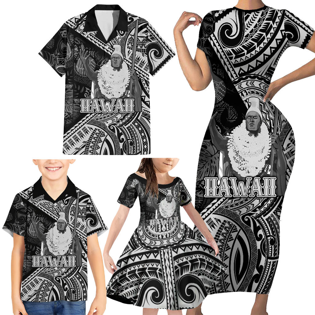 Hawaii King Kamehameha Family Matching Short Sleeve Bodycon Dress and Hawaiian Shirt With Hawaiian Ipu Motifs Black Version LT05 - Polynesian Pride
