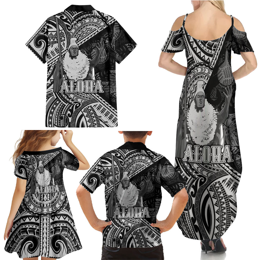 Hawaii King Kamehameha Family Matching Summer Maxi Dress and Hawaiian Shirt With Hawaiian Ipu Motifs Black Version