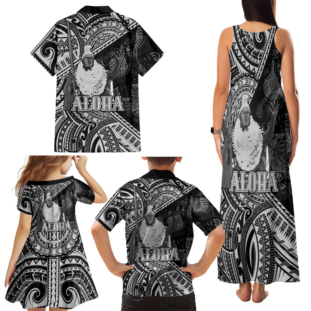 Hawaii King Kamehameha Family Matching Tank Maxi Dress and Hawaiian Shirt With Hawaiian Ipu Motifs Black Version