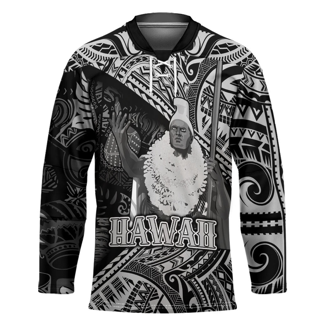 Hawaii King Kamehameha Hockey Jersey With Hawaiian Ipu Motifs Black Version LT05 Unisex Black - Polynesian Pride