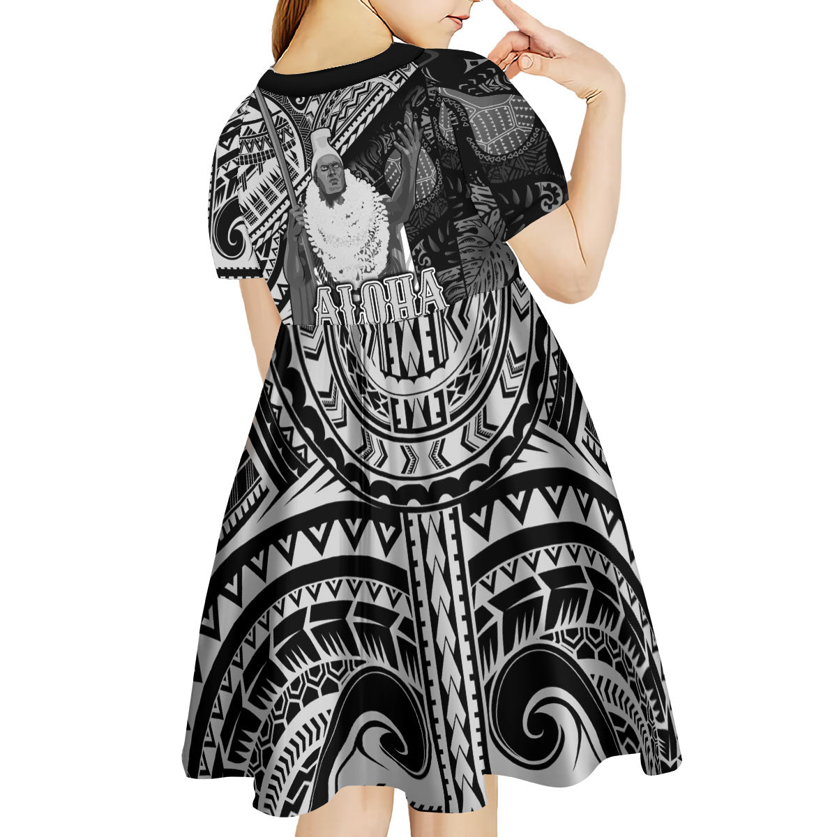 Hawaii King Kamehameha Kid Short Sleeve Dress With Hawaiian Ipu Motifs Black Version LT05 - Polynesian Pride
