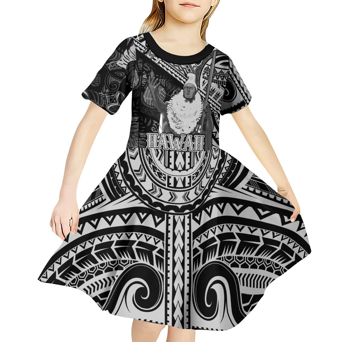 Hawaii King Kamehameha Kid Short Sleeve Dress With Hawaiian Ipu Motifs Black Version LT05 - Polynesian Pride
