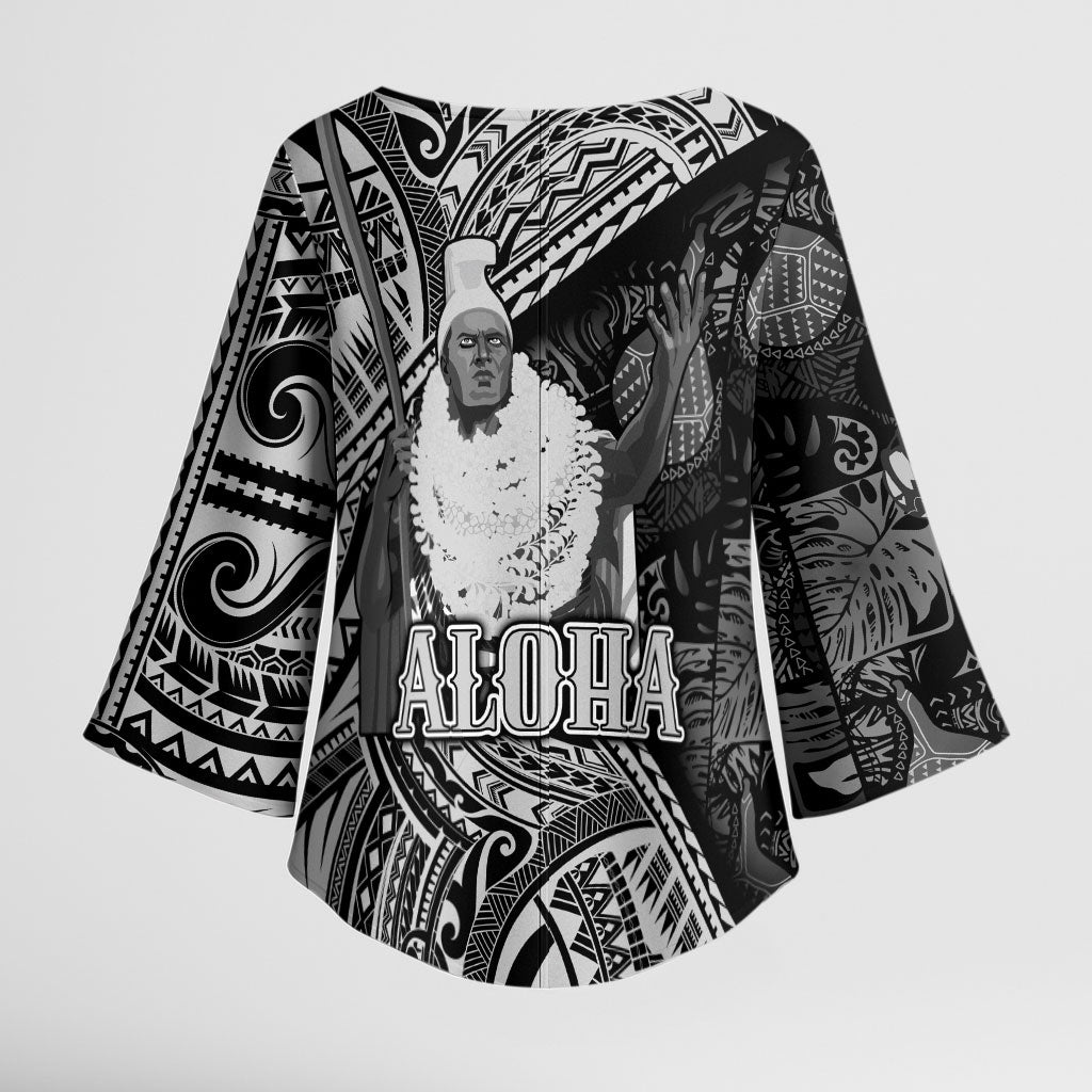 Hawaii King Kamehameha Kimono Sleeve Blouse With Hawaiian Ipu Motifs Black Version LT05 - Polynesian Pride