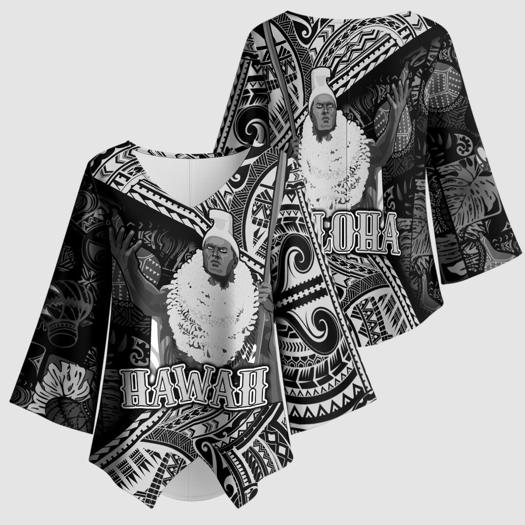 Hawaii King Kamehameha Kimono Sleeve Blouse With Hawaiian Ipu Motifs Black Version LT05 - Polynesian Pride