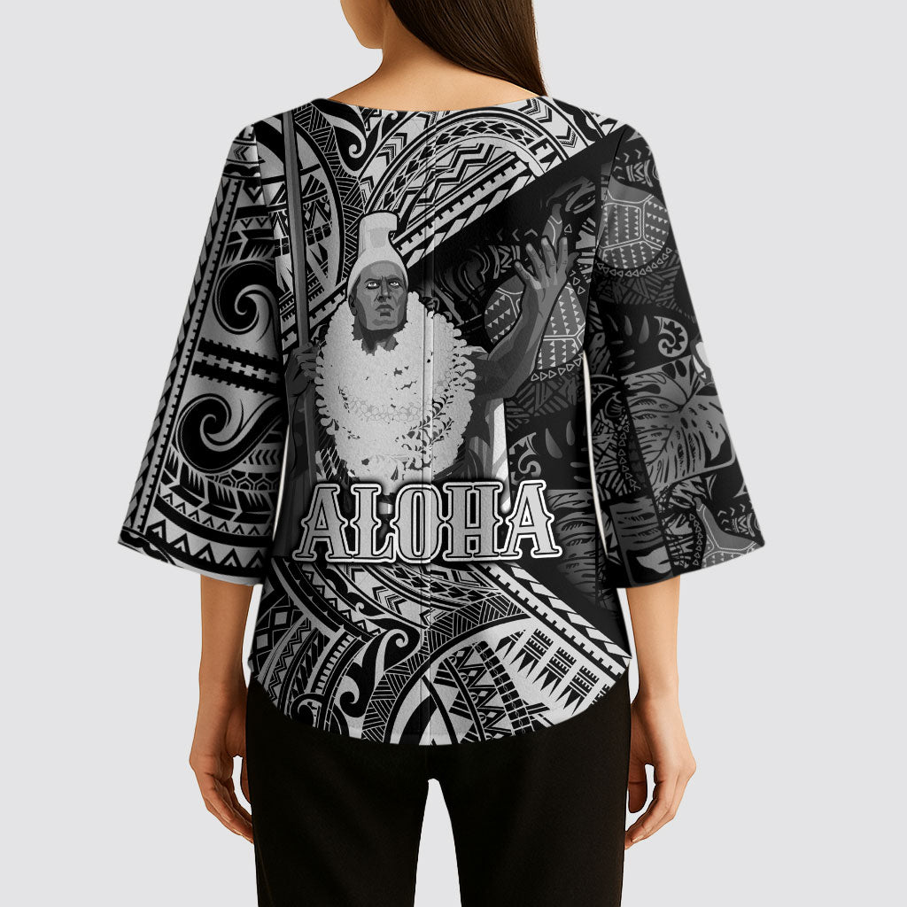 Hawaii King Kamehameha Kimono Sleeve Blouse With Hawaiian Ipu Motifs Black Version LT05 - Polynesian Pride