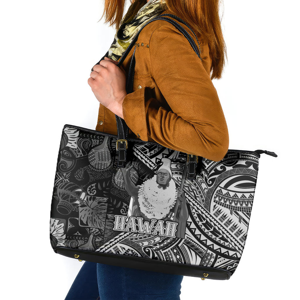 Hawaii King Kamehameha Leather Tote Bag With Hawaiian Ipu Motifs Black Version LT05 Black - Polynesian Pride