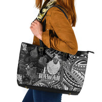 Hawaii King Kamehameha Leather Tote Bag With Hawaiian Ipu Motifs Black Version LT05 Black - Polynesian Pride