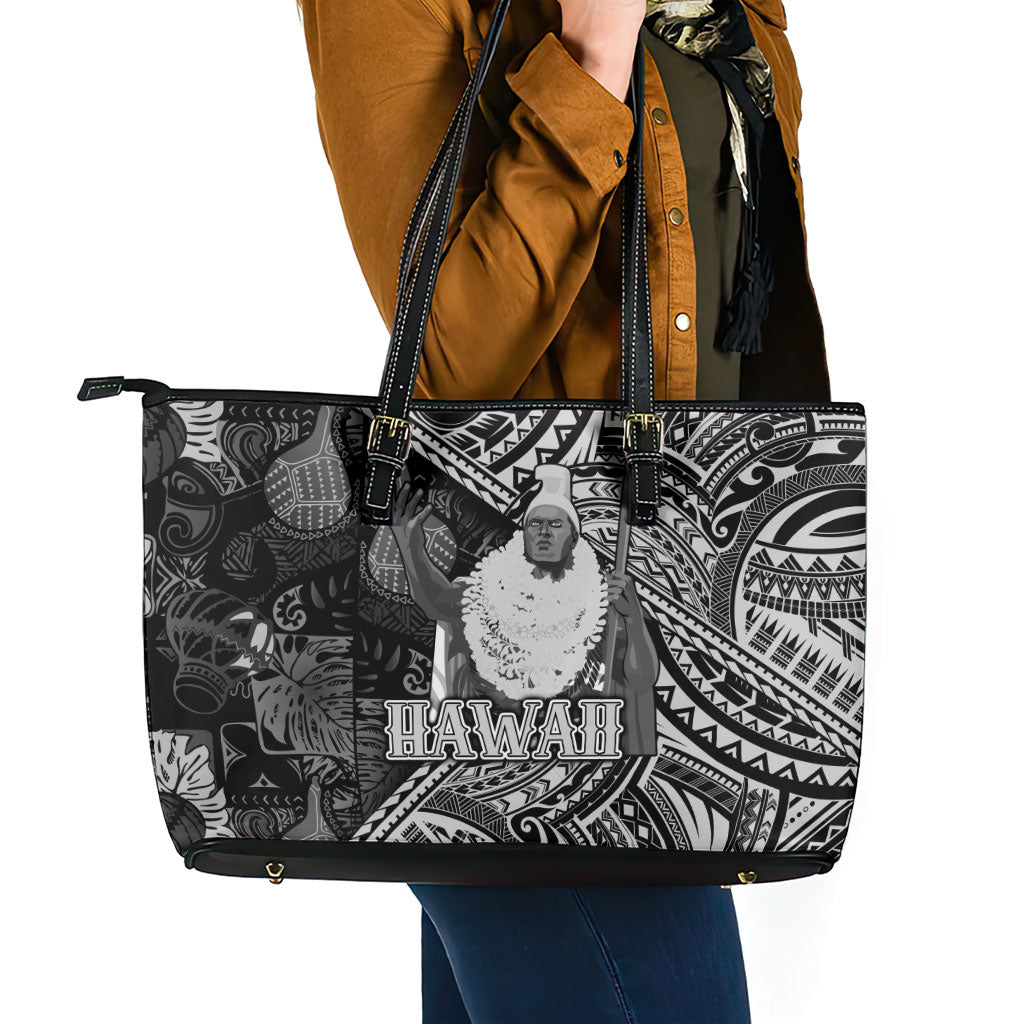 Hawaii King Kamehameha Leather Tote Bag With Hawaiian Ipu Motifs Black Version LT05 - Polynesian Pride