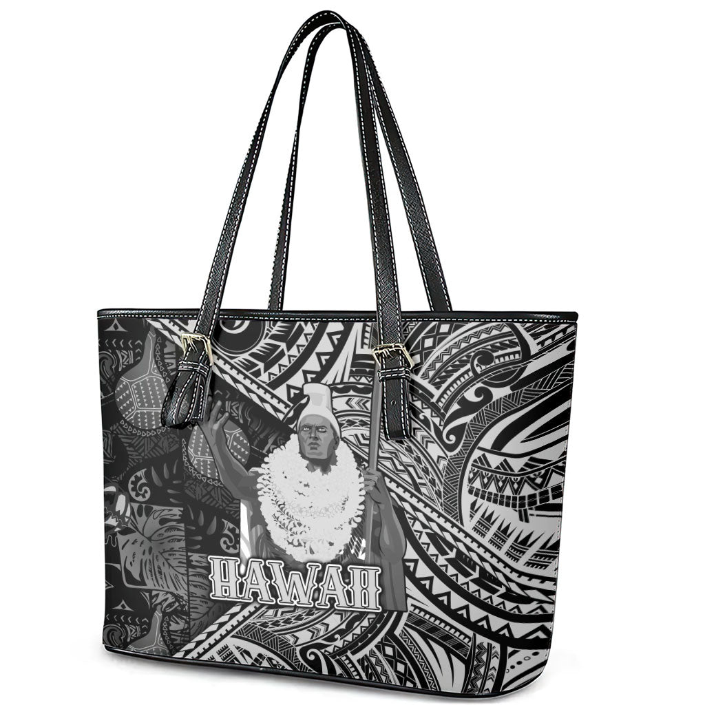 Hawaii King Kamehameha Leather Tote Bag With Hawaiian Ipu Motifs Black Version LT05 - Polynesian Pride