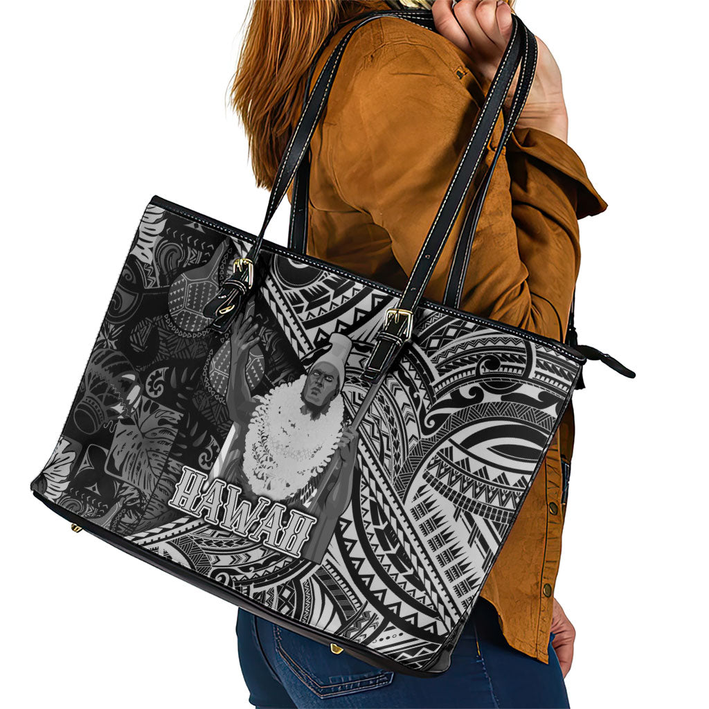 Hawaii King Kamehameha Leather Tote Bag With Hawaiian Ipu Motifs Black Version LT05 - Polynesian Pride