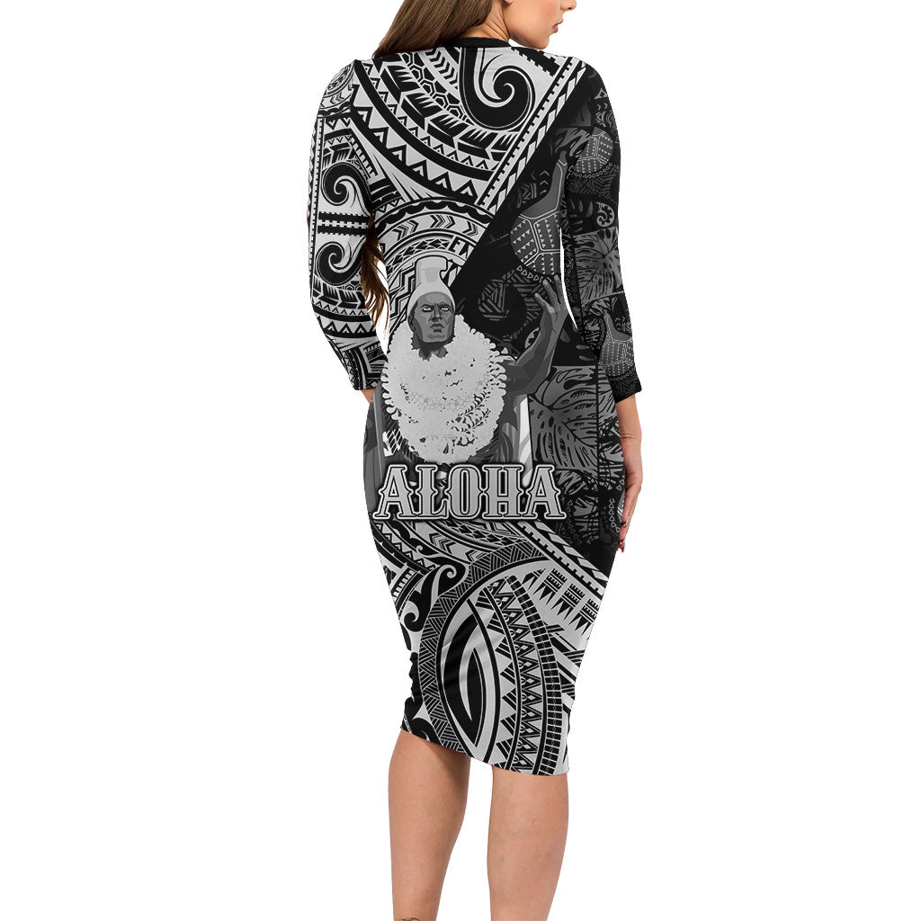 Hawaii King Kamehameha Long Sleeve Bodycon Dress With Hawaiian Ipu Motifs Black Version LT05 - Polynesian Pride