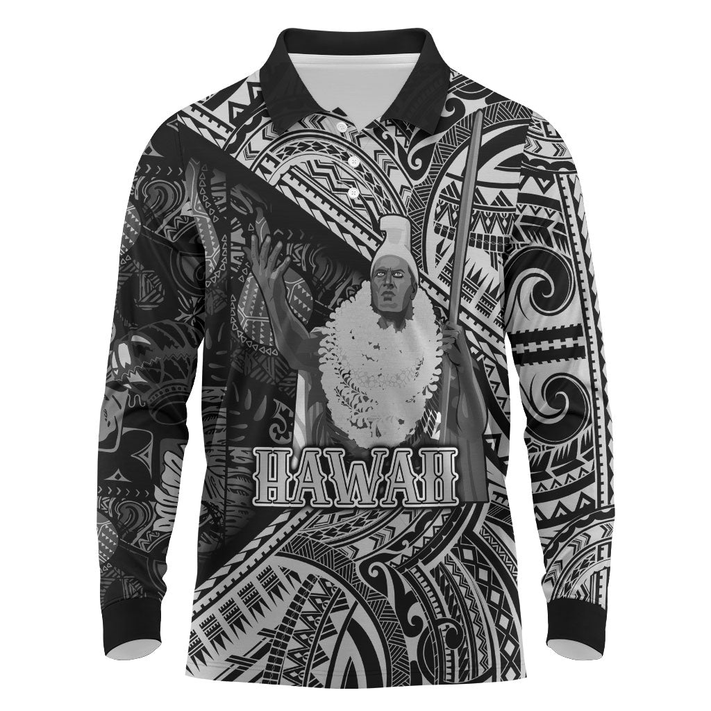 Hawaii King Kamehameha Long Sleeve Polo Shirt With Hawaiian Ipu Motifs Black Version LT05 Black - Polynesian Pride