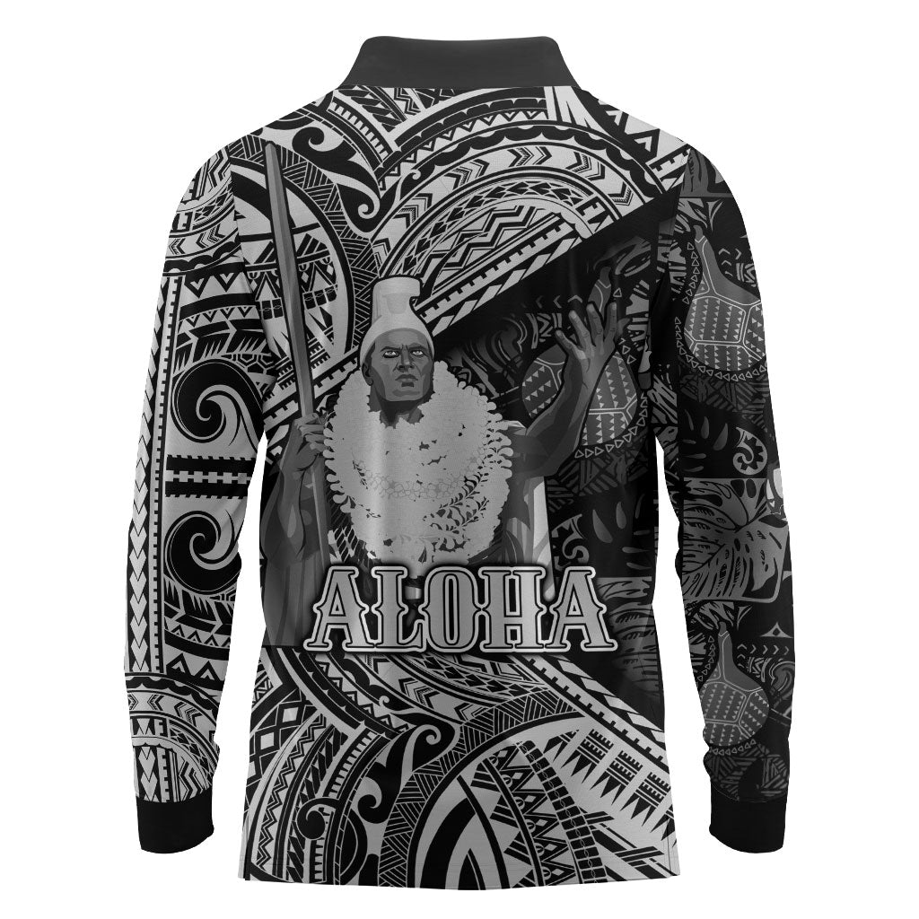 Hawaii King Kamehameha Long Sleeve Polo Shirt With Hawaiian Ipu Motifs Black Version LT05 - Polynesian Pride