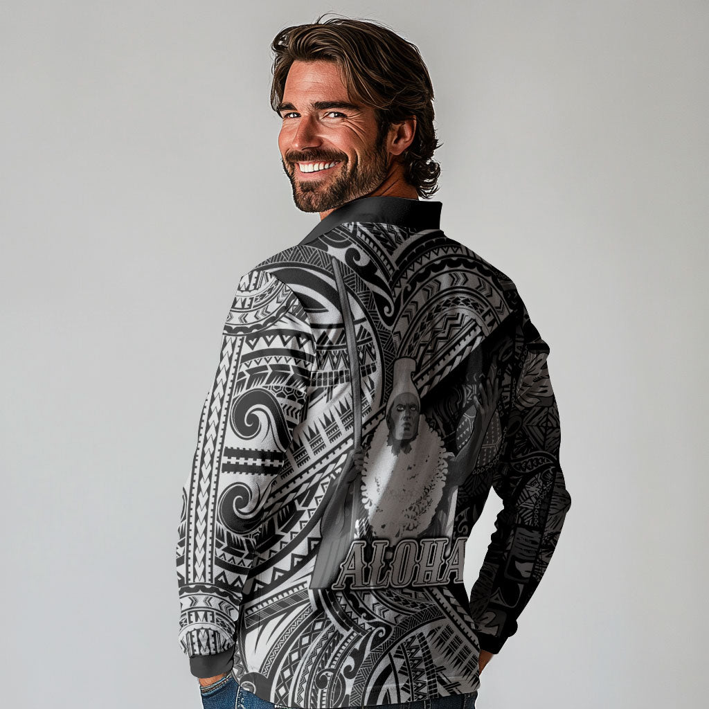 Hawaii King Kamehameha Long Sleeve Polo Shirt With Hawaiian Ipu Motifs Black Version LT05 - Polynesian Pride