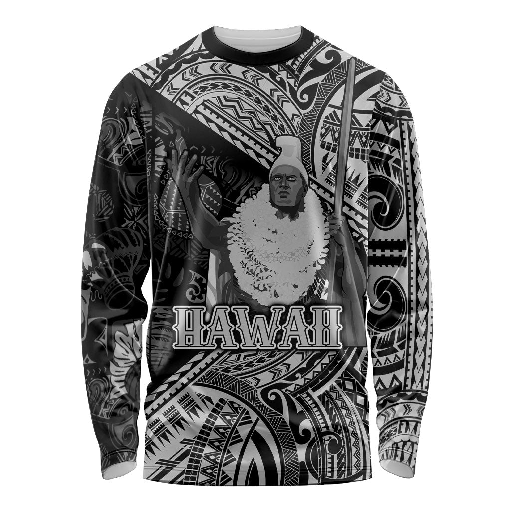 Hawaii King Kamehameha Long Sleeve Shirt With Hawaiian Ipu Motifs Black Version LT05 Unisex Black - Polynesian Pride
