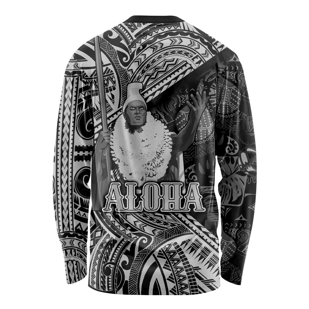 Hawaii King Kamehameha Long Sleeve Shirt With Hawaiian Ipu Motifs Black Version LT05 - Polynesian Pride