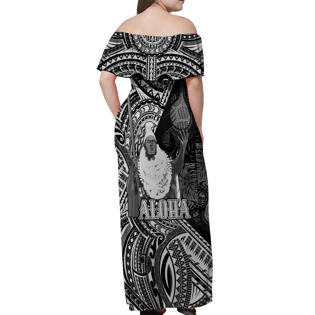 Hawaii King Kamehameha Off Shoulder Maxi Dress With Hawaiian Ipu Motifs Black Version LT05 - Polynesian Pride