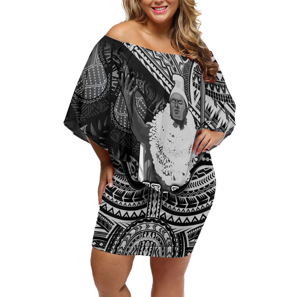 Hawaii King Kamehameha Off Shoulder Short Dress With Hawaiian Ipu Motifs Black Version LT05 Women Black - Polynesian Pride