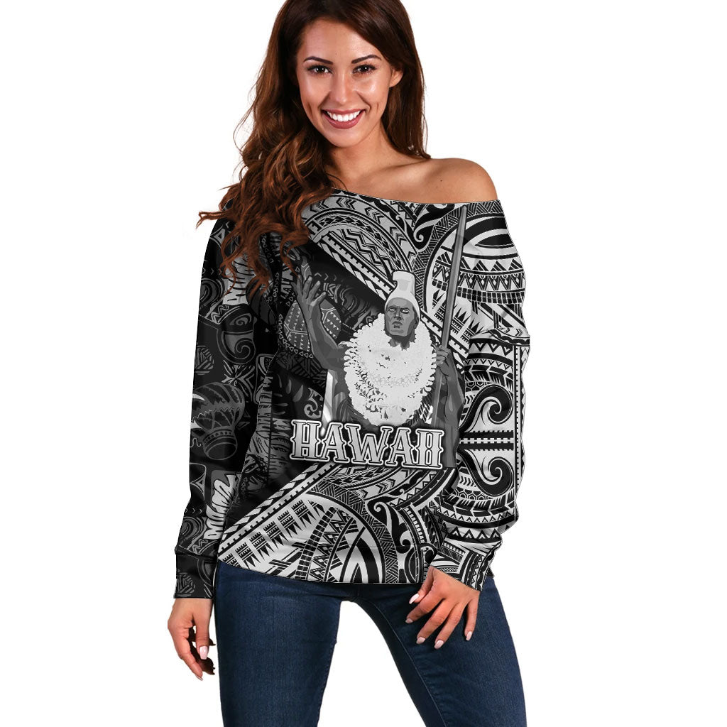 Hawaii King Kamehameha Off Shoulder Sweater With Hawaiian Ipu Motifs Black Version LT05 Women Black - Polynesian Pride