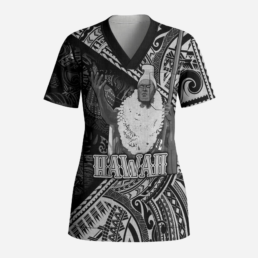 Hawaii King Kamehameha Scrub Top With Hawaiian Ipu Motifs Black Version LT05 Adult Black - Polynesian Pride