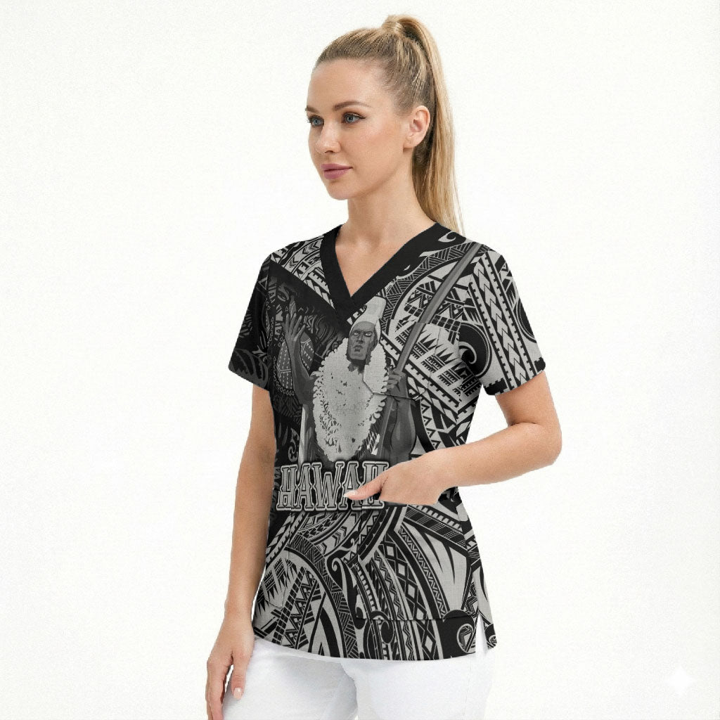Hawaii King Kamehameha Scrub Top With Hawaiian Ipu Motifs Black Version LT05 - Polynesian Pride