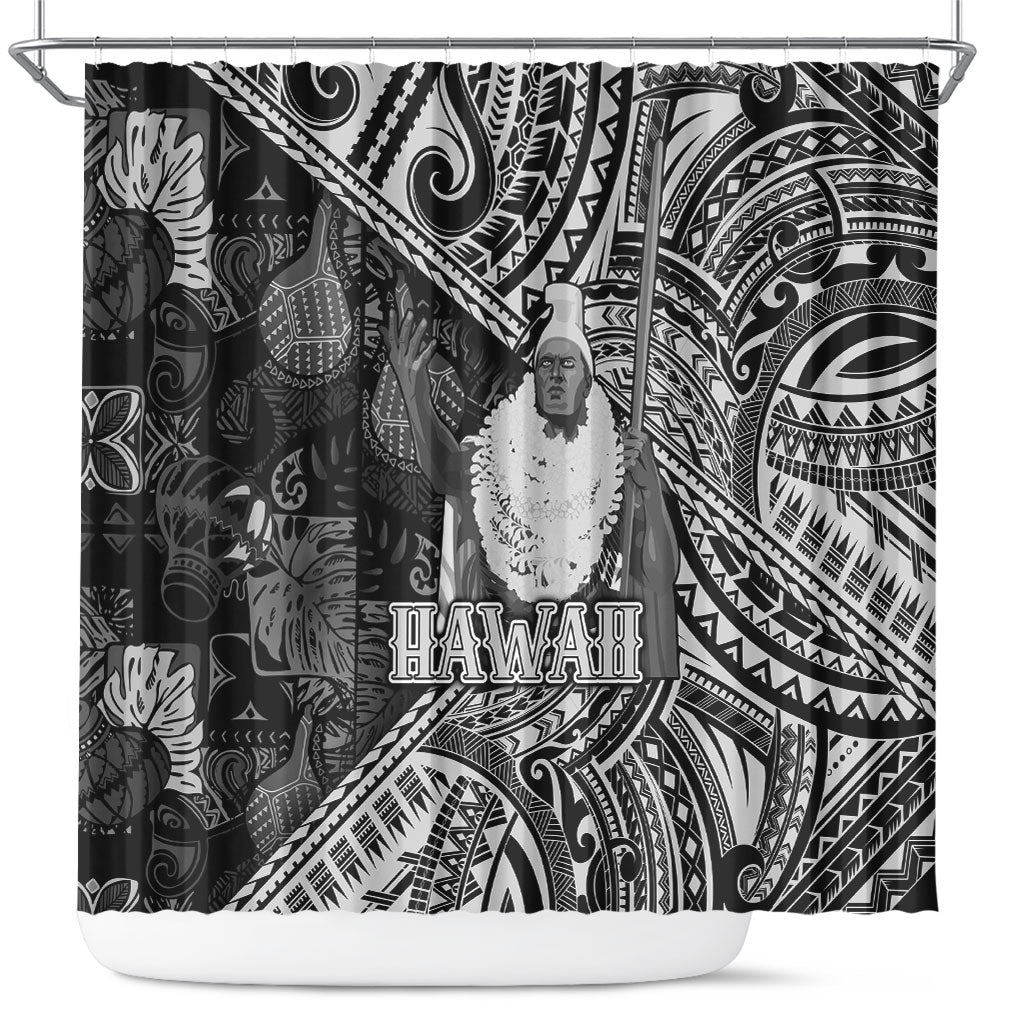 Hawaii King Kamehameha Shower Curtain With Hawaiian Ipu Motifs Black Version LT05 Black - Polynesian Pride
