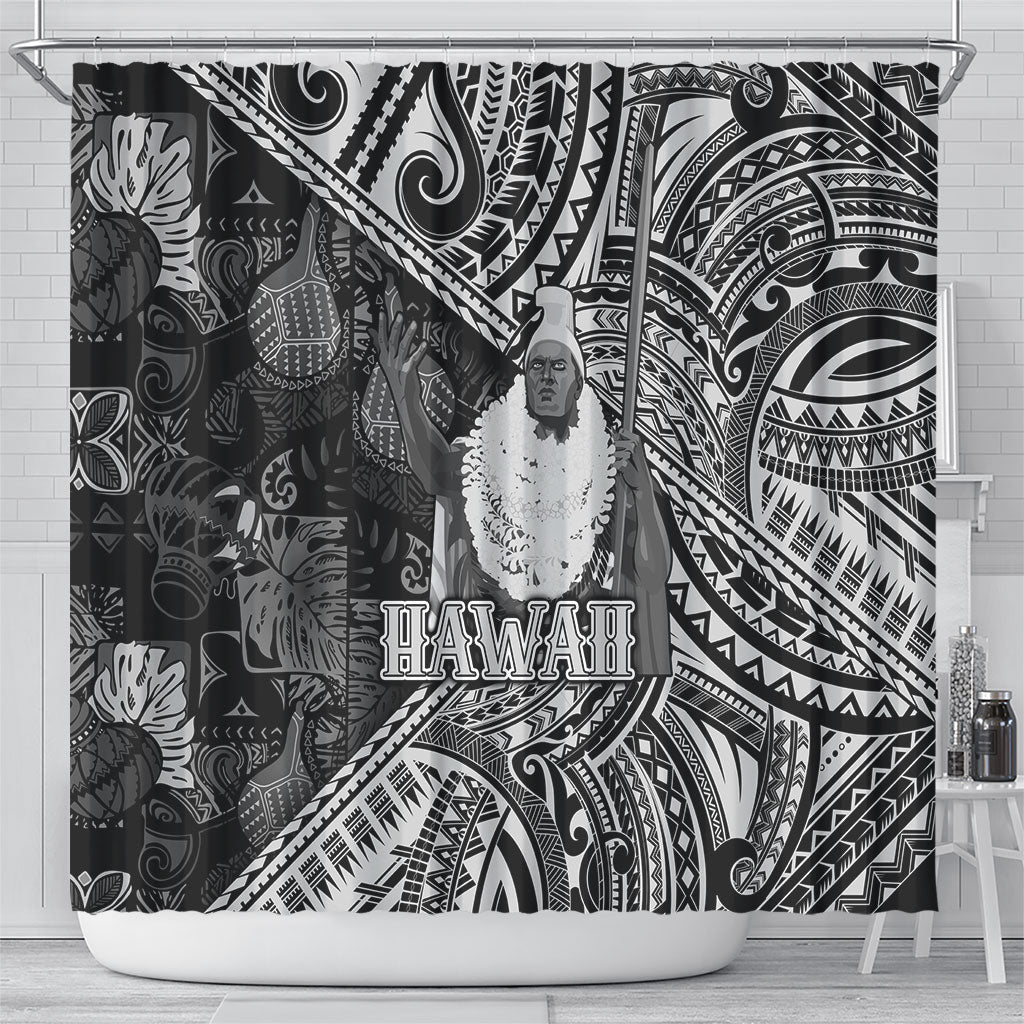 Hawaii King Kamehameha Shower Curtain With Hawaiian Ipu Motifs Black Version LT05 - Polynesian Pride