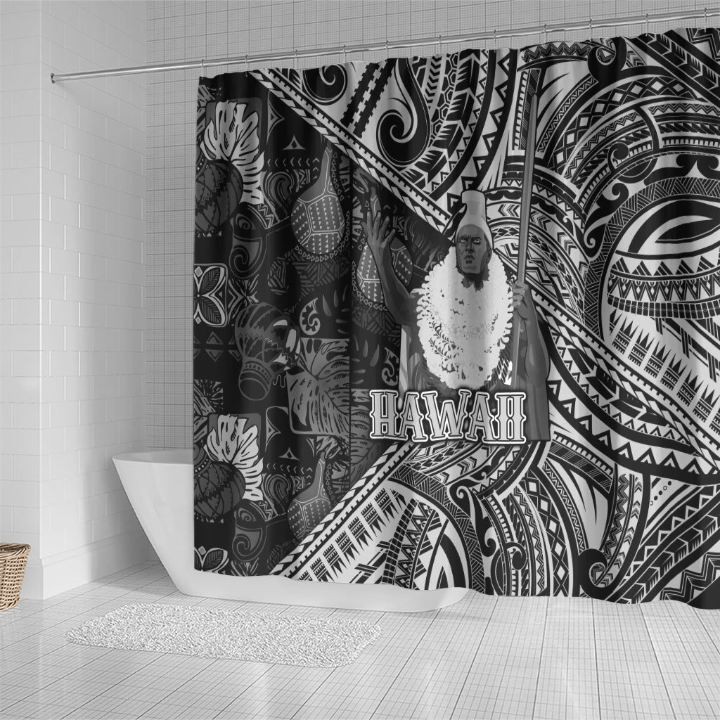Hawaii King Kamehameha Shower Curtain With Hawaiian Ipu Motifs Black Version LT05 - Polynesian Pride