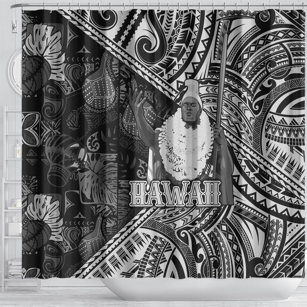 Hawaii King Kamehameha Shower Curtain With Hawaiian Ipu Motifs Black Version LT05 - Polynesian Pride